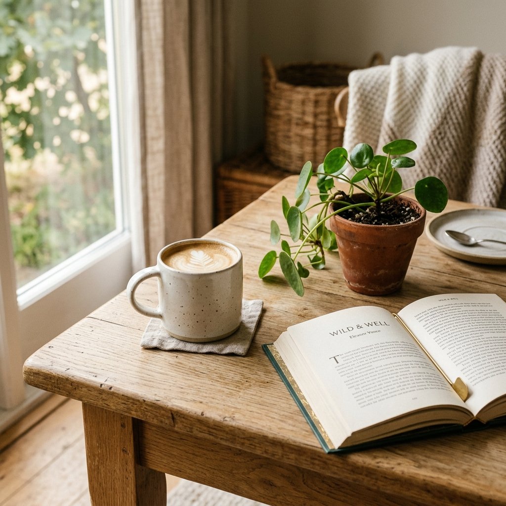 Cozy coffee and book lifestyle scene