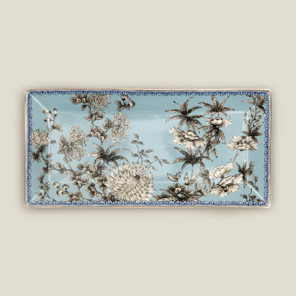 Elegant floral ceramic dinner plates serving platter with blue and white botanical design for modern dining and table presentation.