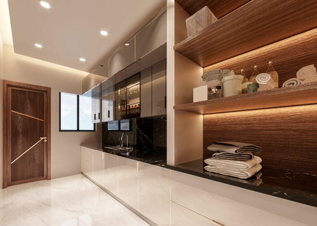 Modern interior designer showcasing a luxurious contemporary home interior with glossy cabinetry, wooden open shelving, black marble countertops, warm LED lighting, and minimalist design.